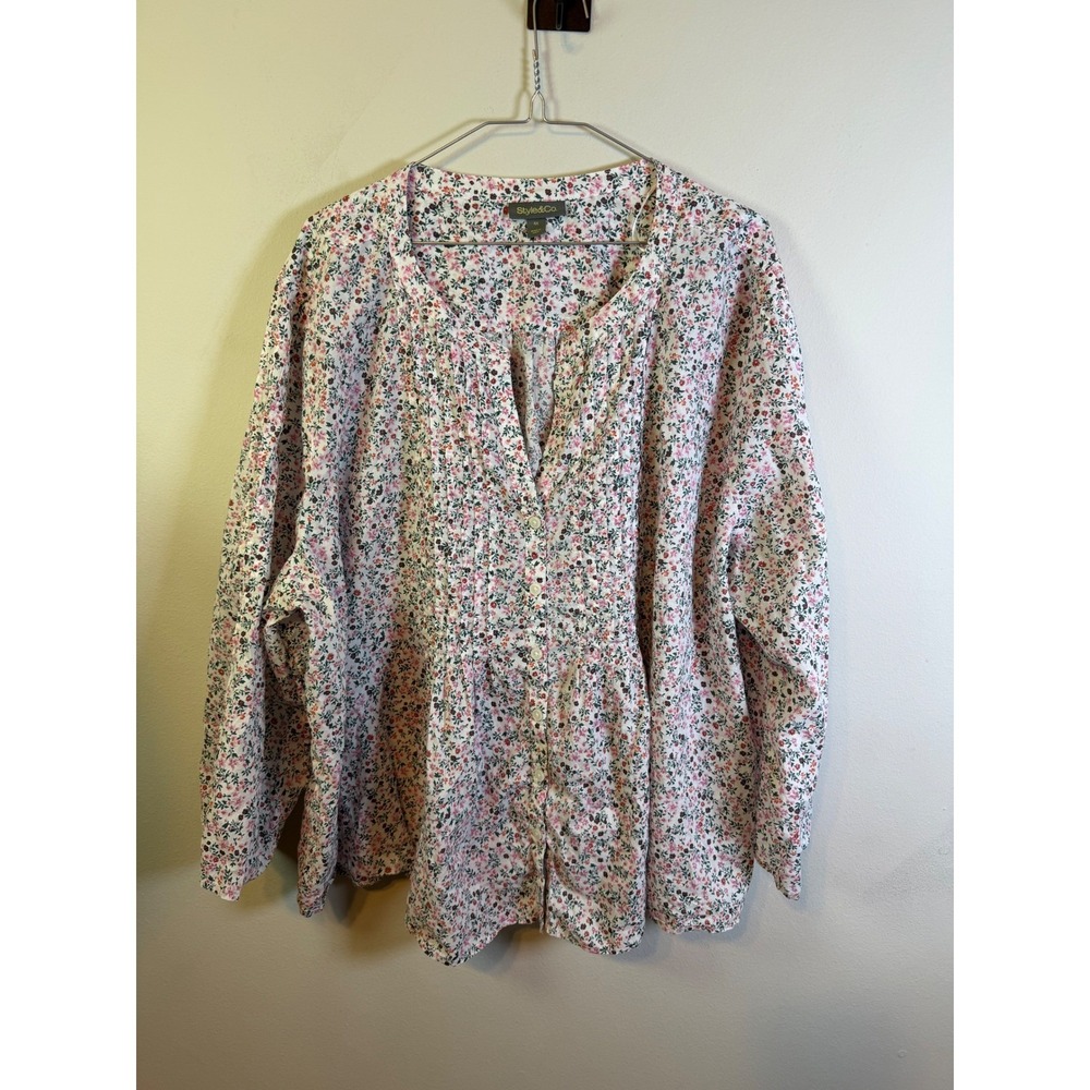 Style & Co Womens Blouse Floral Cotton White Pink 4X - Picture 1 of 8